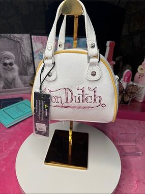Von Dutch Crystal Rhinestone Bowler Bag – White Denim, NWT + Dustbag